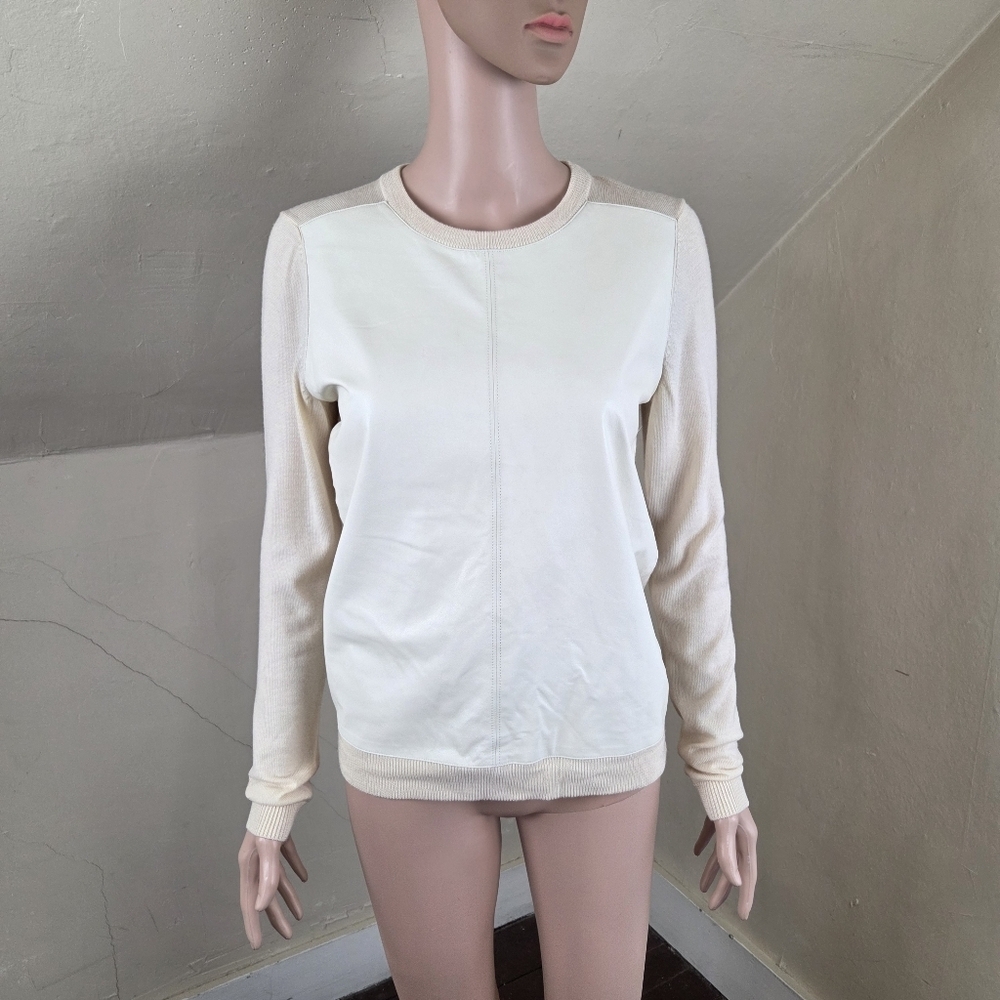 Theory Yulia L Cashwool Leather Front Sweater Size M Creamâ Lambskin Wool